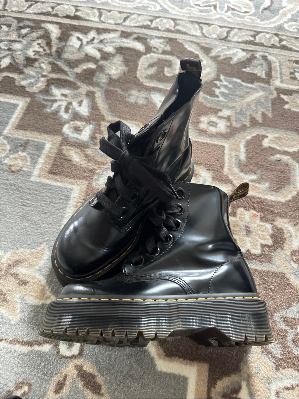 Dr. Martens Black Lace-Up Platform Boots with Yellow Stitching